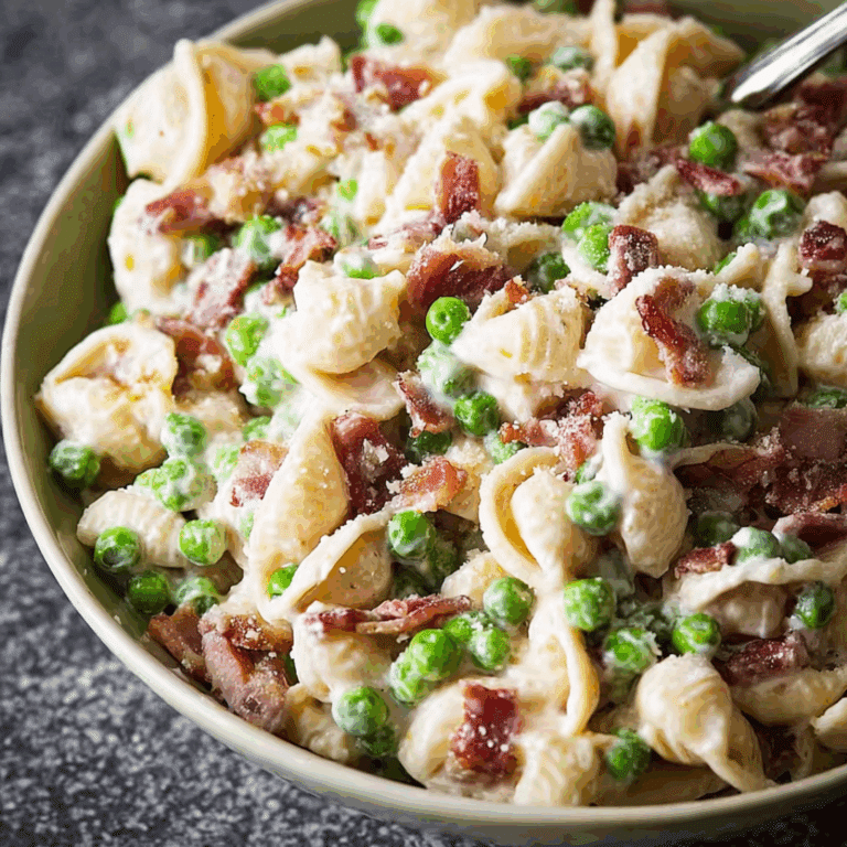 Creamy pasta salad with bacon, peas, and shell pasta in a green bowl