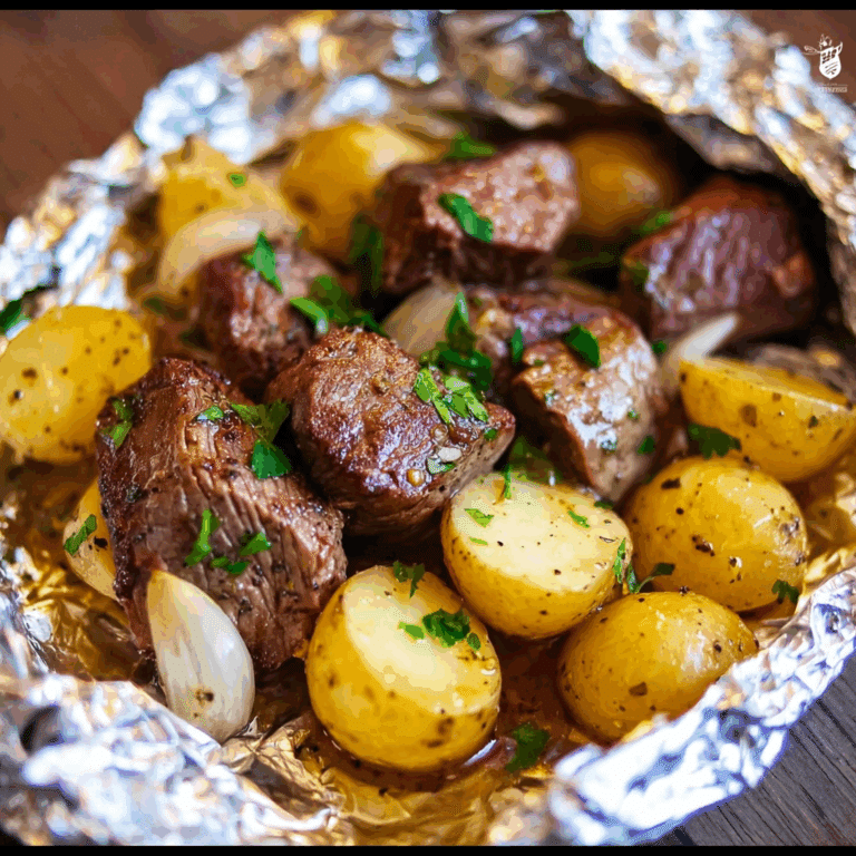 Garlic butter steak and potato foil packet with baby potatoes, onions, and herbs