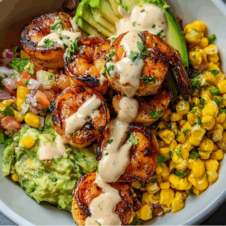 Grilled shrimp bowl with avocado, corn, guacamole, and creamy chipotle sauce.