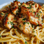 Monterey Chicken Spaghetti with creamy sauce and grilled chicken.