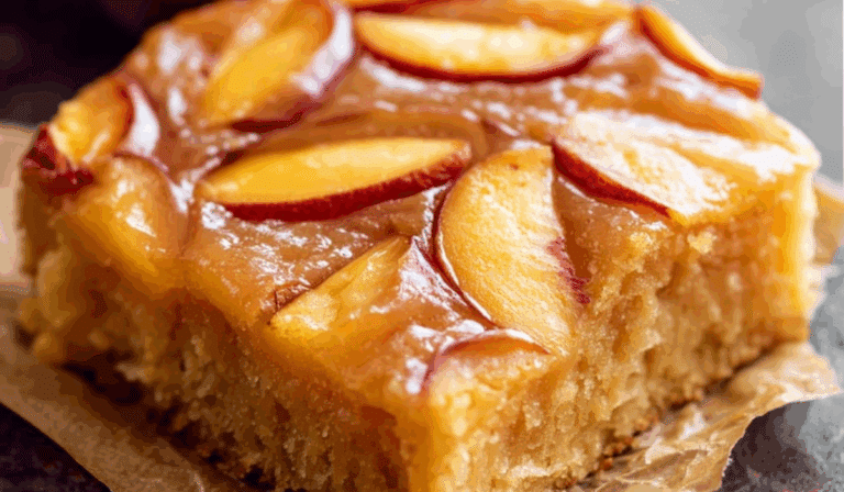 Moist brown sugar peach cake with caramelized peach slices on top.