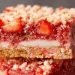 Close-up of strawberry crunch bars with creamy filling and crumb topping.