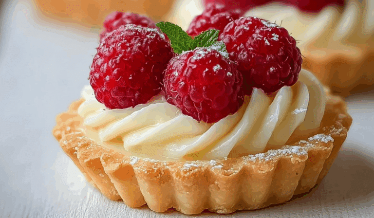 Mini vanilla cream tart with fresh raspberries and mint garnish