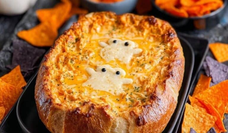 Halloween Buffalo Chicken Dip spooky skillet