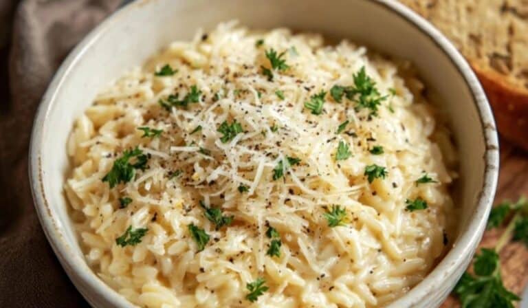 Creamy Garlic Parmesan Orzo in a bowl with parsley and parmesan