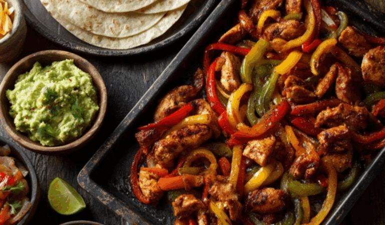 30 Minute Sheet Pan Chicken Fajitas on rustic counter