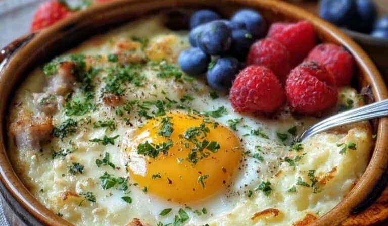 Mountain Man Crock Pot Breakfast with eggs, sausage, potatoes, and cheese