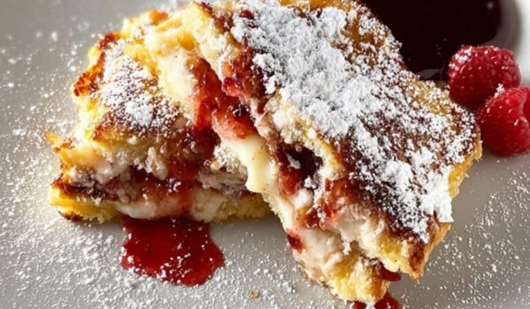 Monte Cristo sandwich on wooden plate with preserves