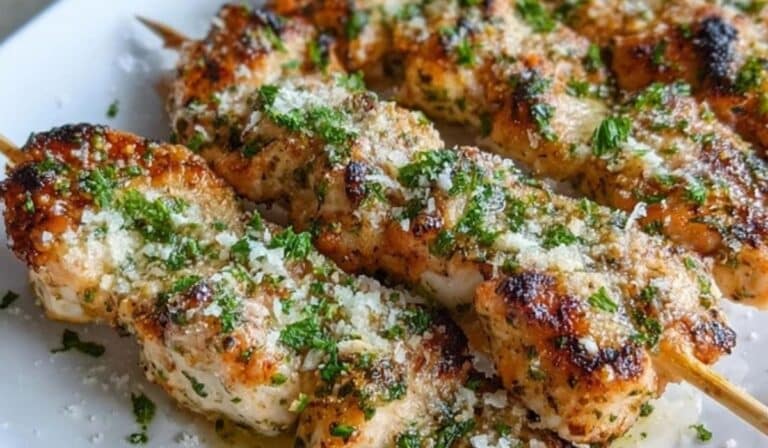 Ranch Garlic Parmesan Chicken Skewers on a plate