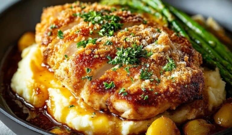 Steakhouse Parmesan Chicken with golden crust and sides