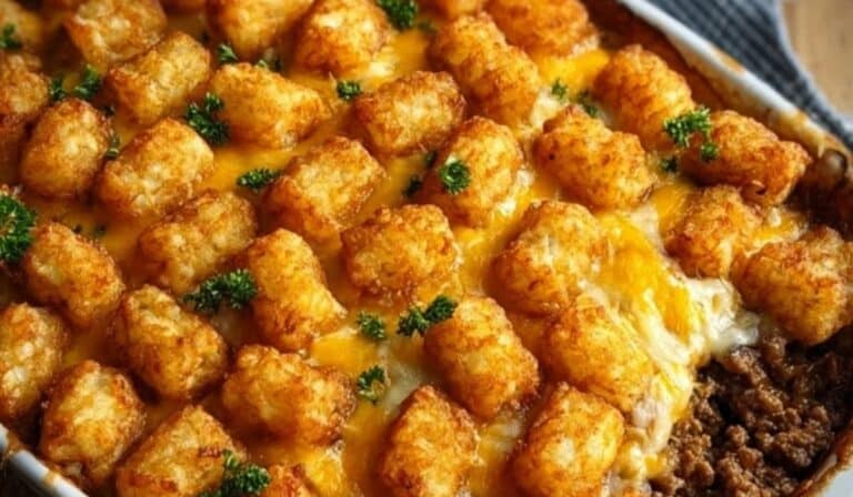 Tater Tot Casserole With Ground Beef baked to golden perfection