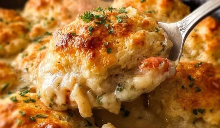 Cheddar Bay Biscuit Seafood Pot Pie in skillet