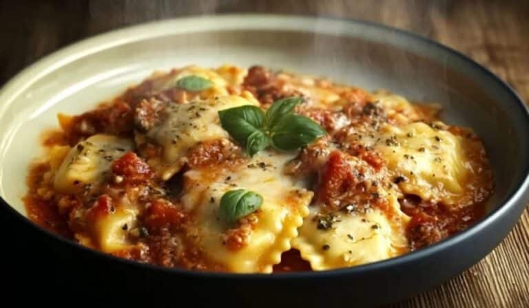 Crockpot Ravioli Lasagna served in a slow cooker with melted cheese and fresh herbs