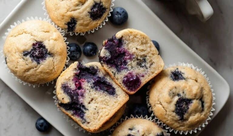 Homemade Blueberry Protein Muffins fresh on a rustic table