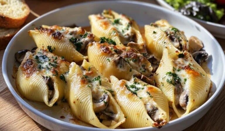 Garlic Mushroom Stuffed Shells baked golden