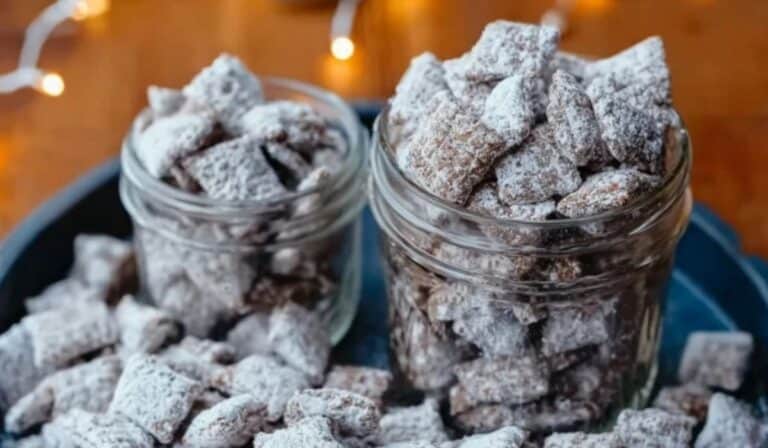Puppy Chow sweet snack mix in a bowl