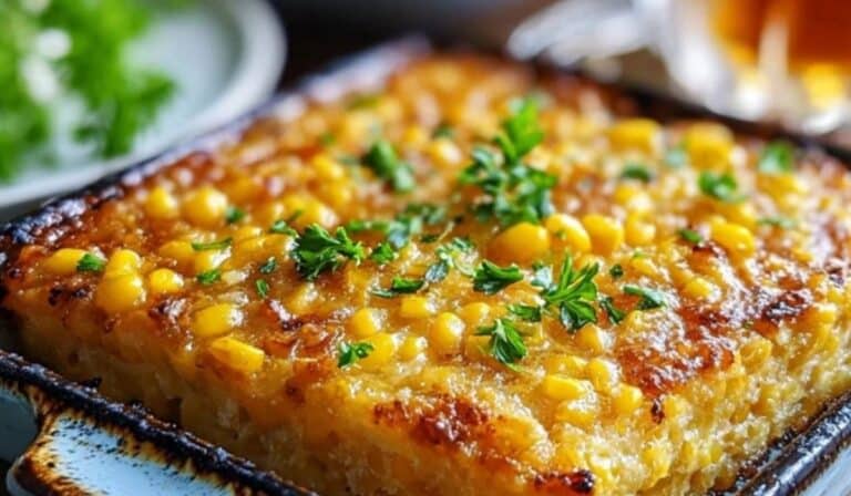 Sweet Harmony Honey-Glazed Corn Casserole baked with golden honey glaze