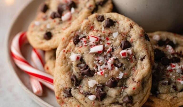 Peppermint Chocolate Chip Cookies stacked on a rustic wooden table