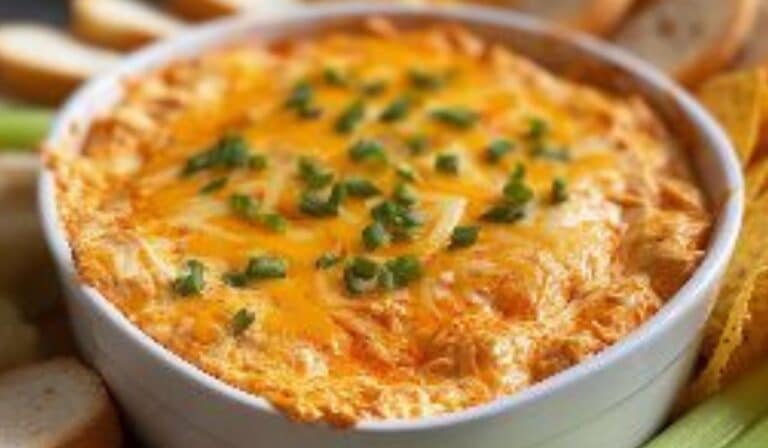 Quick Buffalo Chicken Dip baked in a skillet