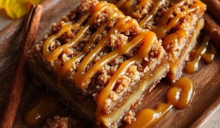 Salted Caramel Apple Crumble Bars Fall Treat dessert with caramel drizzle