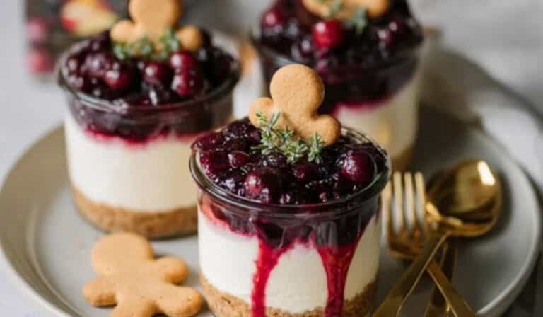 White Chocolate Cheesecakes with Mulled Wine Fruit dessert table