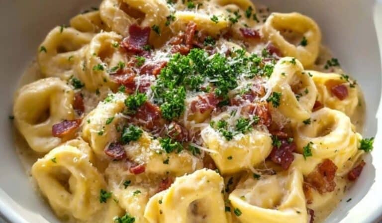 Creamy Tortellini Carbonara served with crispy pancetta