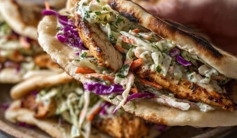 Sheet Pan Chicken Pitas with Herby Ranch Slaw served on a platter
