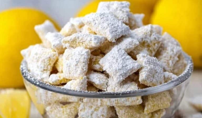 Zesty Lemonade Puppy Chow Snack served in summer setting