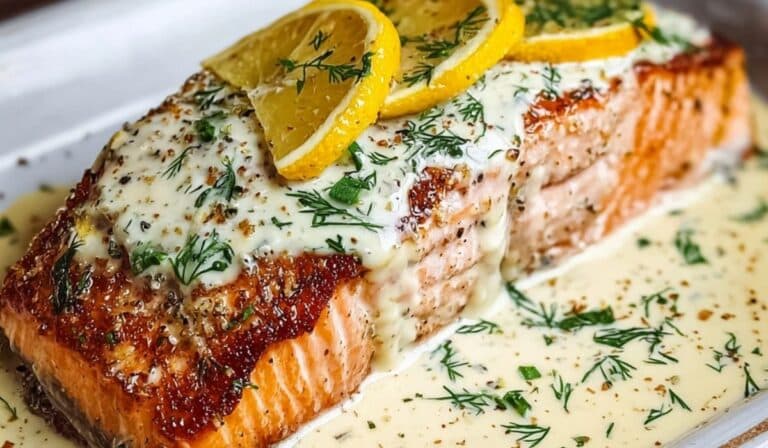 Baked Boursin Salmon on white plate with creamy cheese sauce