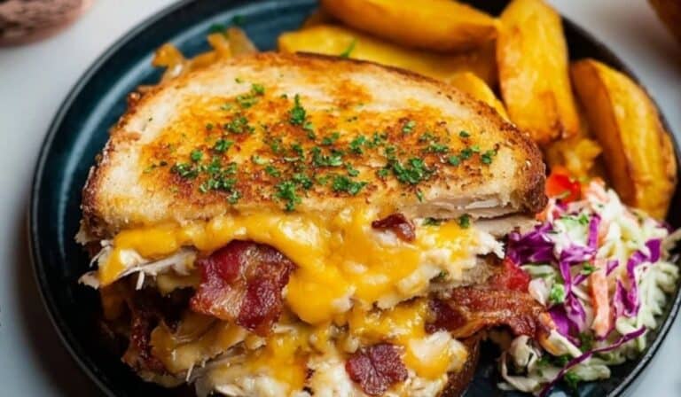 Cheddar and Bacon Turkey Melt on Sourdough sandwich close-up