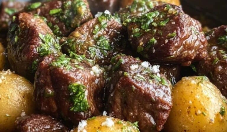 Garlic Butter Beef Bites & Potatoes in skillet with golden garlic butter