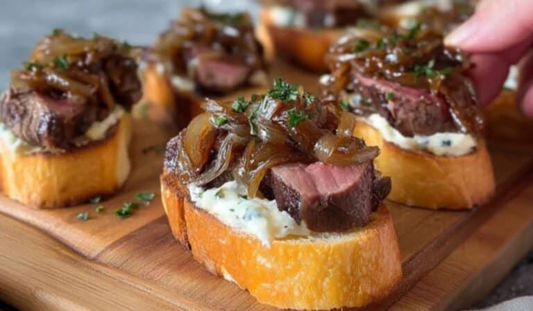 Steak Crostini with Horseradish Sauce & Caramelized Onions on rustic platter
