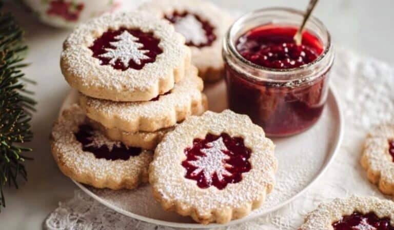Raspberry Linzer Cookies on rustic table