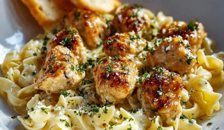 Garlic Butter Chicken Bites with Creamy Parmesan Pasta in creamy sauce