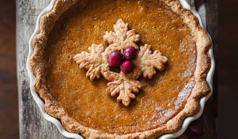Freshly baked pumpkin pie on rustic table