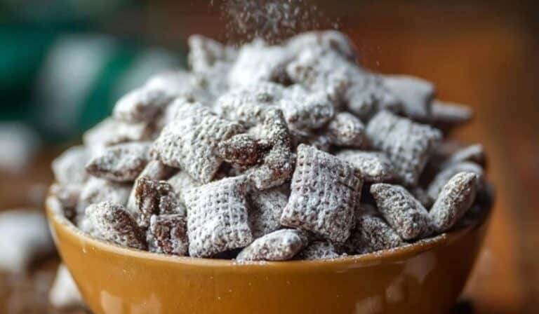 Midwestern Puppy Chow in a rustic bowl