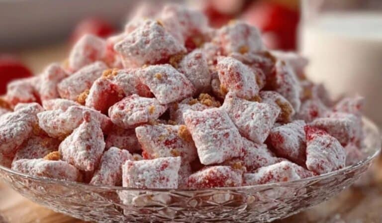 Cherry Cheesecake Puppy Chow recipe on a wooden table