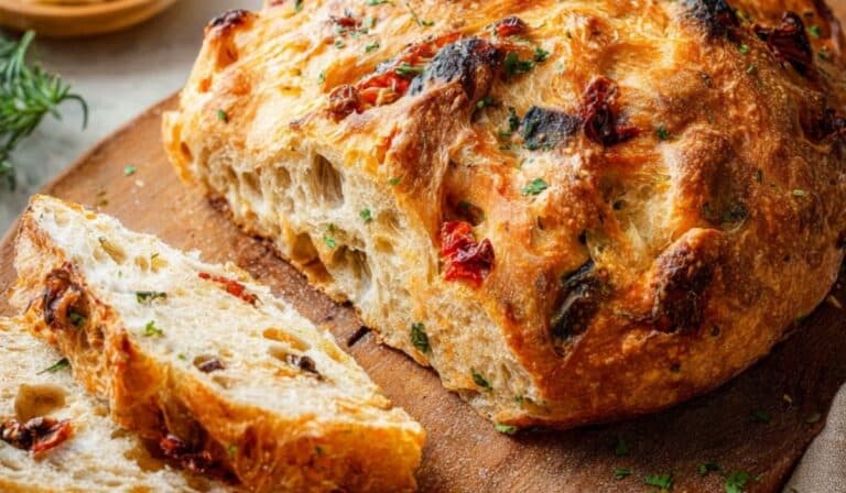 No-Knead Pizza Bread fresh out of oven on board