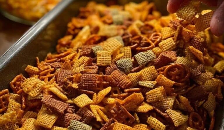 The Best Chex Mix in rustic bowl