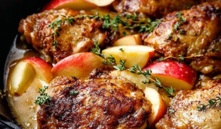 Skillet Apple Cider Chicken in cast iron with cider glaze
