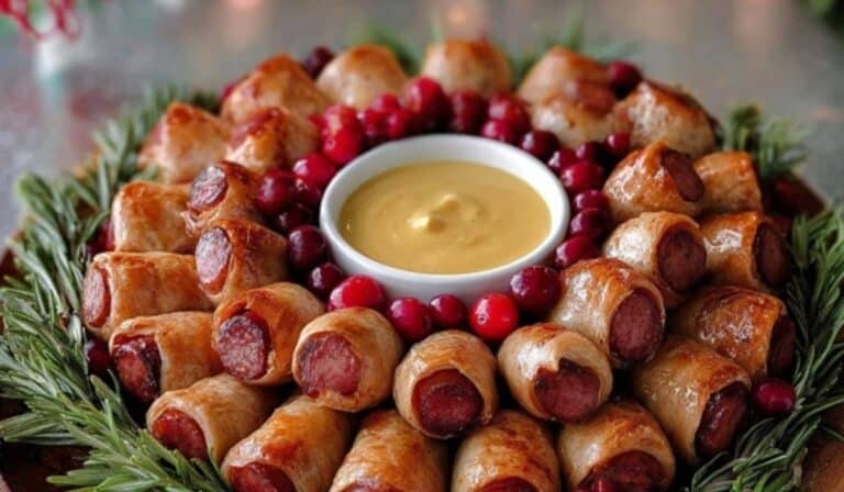 Mini Sausage Christmas Wreath centerpiece on rustic holiday table
