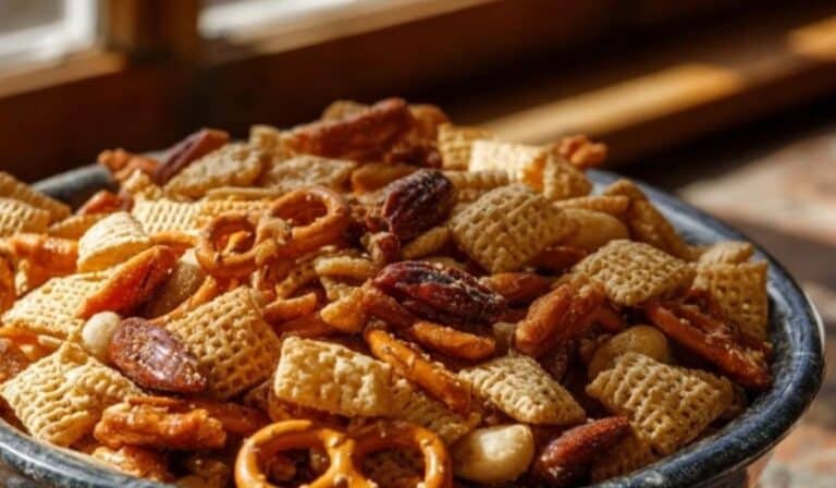 Pioneer Woman Texas Trash snack mix in rustic farmhouse bowl