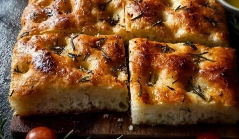 Homemade Focaccia Bread fresh from oven with olive oil and rosemary