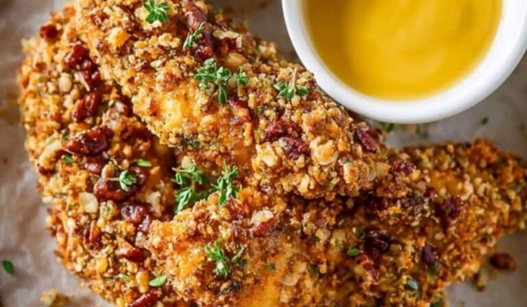 Baked Pecan Crusted Chicken Fingers served with sauces