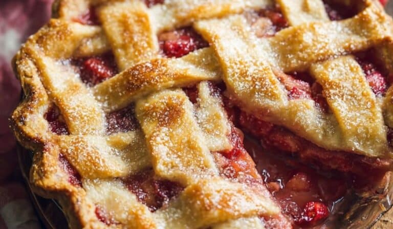 Homemade Strawberry Rhubarb Pie with golden lattice crust