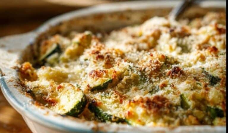 Zucchini Casserole fresh out of the oven on a rustic table