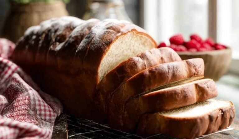 reshly baked sandwich bread loaf on counter