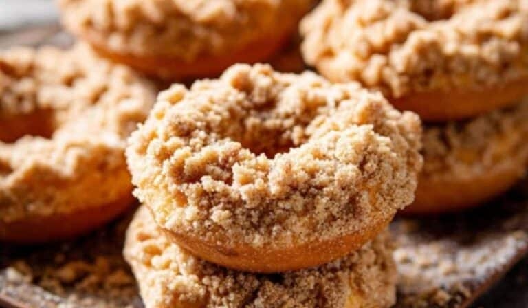 Crumb Cake Donuts on rustic breakfast table