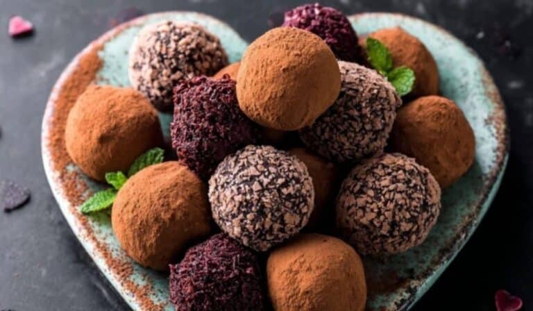 Chocolate Truffles on rustic ceramic plate