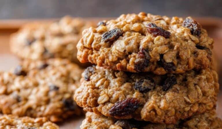 Soft and chewy oatmeal raisin cookies stacked